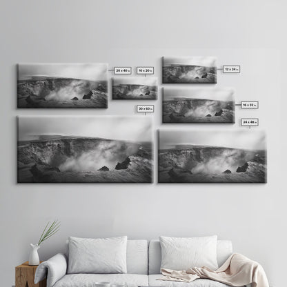 Vulkankrater, rauchige Erde, epische Landschaft, gerahmter Leinwanddruck, ausdrucksstarke Naturkunst, Dekoration fürs Arbeitszimmer, stimmungsvolle Schwarzweißfotografie