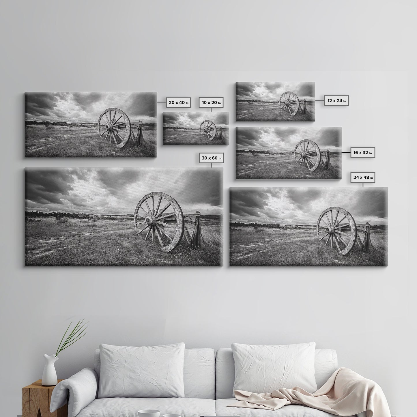 Prairie Wagon Wheel, Western Landscape, Rustic Field, Canvas Print, Country Farmhouse Wall Art, Fall Rustic Decor, Black And White Art