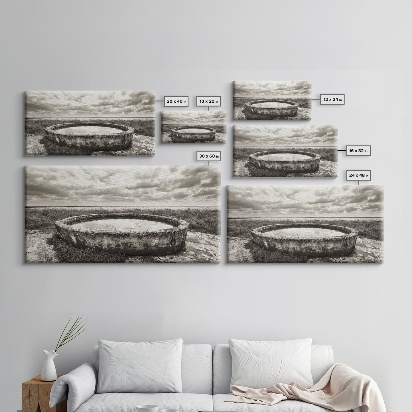 Water Trough, Overcast Skies, Ocean Breeze, Framed Canvas Print, Country Rustic Wall Art, Sepia Toned Fall Decor, Entryway Or Den Art