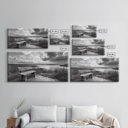 Lakeside Bench, Calm Waters, Sunset View, Canvas Print, Tranquil Nature Photography, Living Room Wall Art, Serene Outdoor Fall Landscape