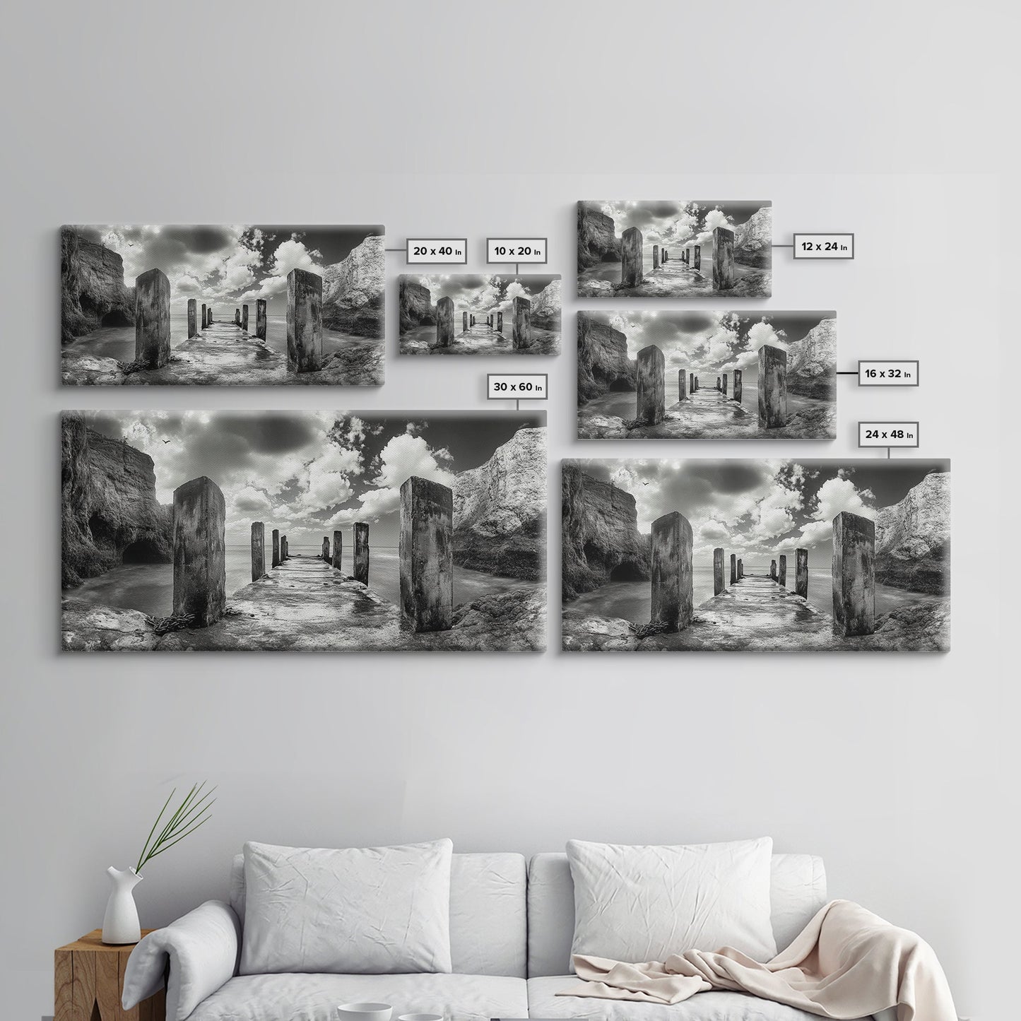 Ocean Pier, Seaside Dock, Crashing Waves, Canvas Print, Dramatic Coastal Wall Art, Black And White Decor, Bathroom Or Hallway Photography