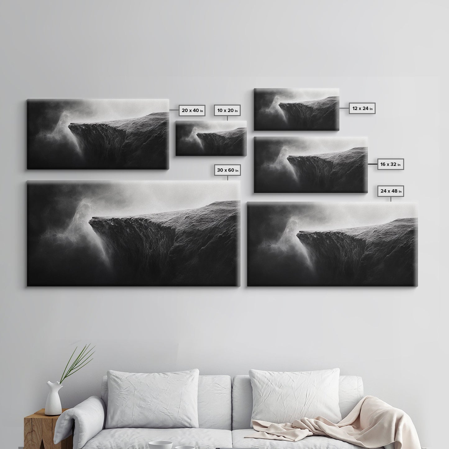 Misty Cliff, Fantasy Landscape, Monochrome Art, Mysterious Edge, Canvas Print, Moody Wall Decor, Bedroom Wall Art, Dark Nature Photography