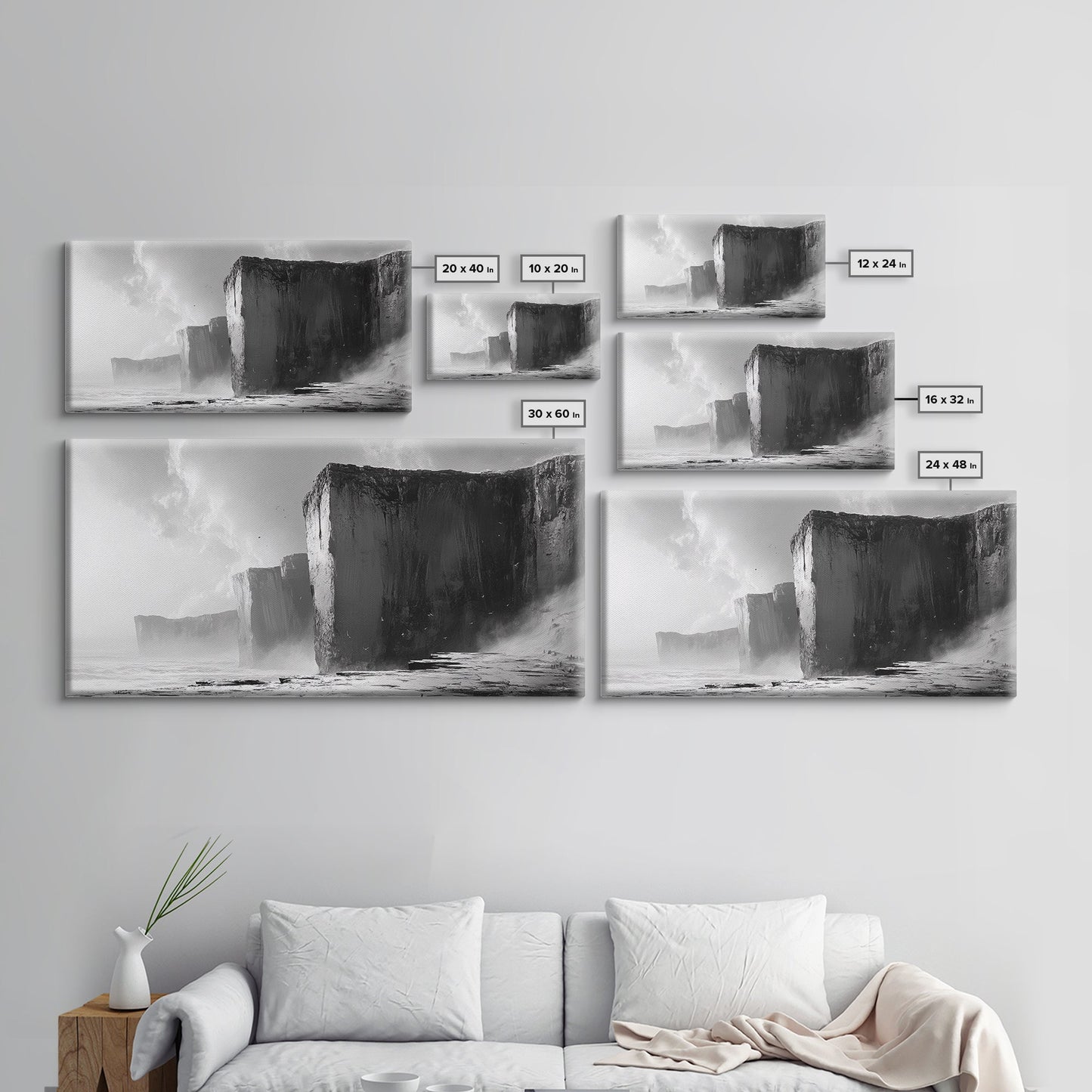 Ocean Cliffs, Towering Rock, Misty Coast, Rugged Seascape, Canvas Print, Moody Wall Art, Office Decor, Dramatic Landscape, Office Decor