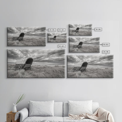 Prairie Wagon, Coastal Grass, Covered Cart, Western Landscape, Framed Canvas Print, Rustic Fall Art, Living Room Wall Decor