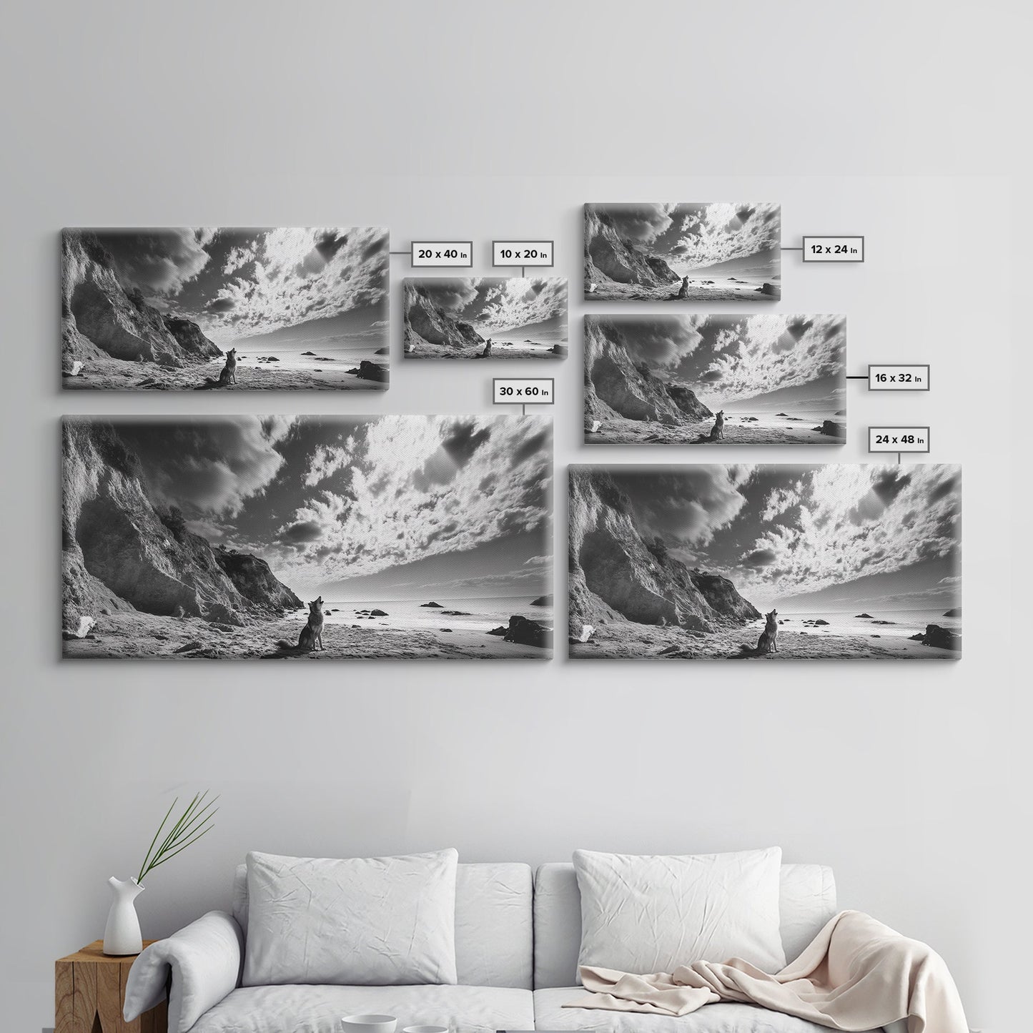 Howling Dog, Seaside Cliffs, Cloudy Sky, Wild Beach, Canvas Print, Nature Animal Art, Rustic Fall Wall Decor, Entryway Accent, Bedroom Wall Art