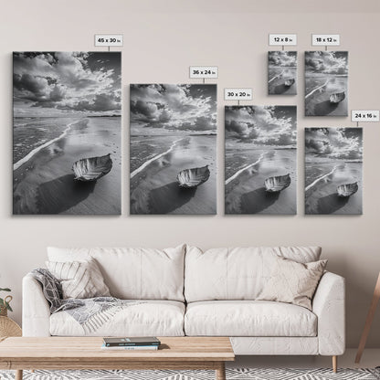 Autumn Beach Leaf, Drift Shore, Moody Cloudscape, Black and White Fall Art, Framed Canvas Print, Seasonal Wall Decor, Rustic Autumn Style