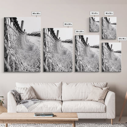 Coastal Net, Beach Texture, Nautical Vibe, Ocean Fence, Framed Canvas Print, Bathroom Wall Art, Coastal Cottage Style, Monochrome Beach Art