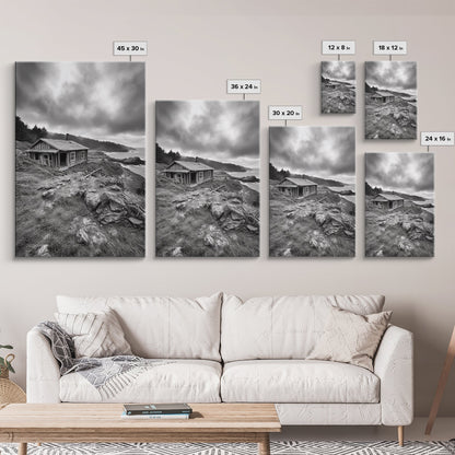 Abandoned Cabin, Coastal Cliff, Moody Landscape, Autumn Wall Art, Framed Canvas Print, Living Room Rustic Art, Farmhouse Aesthetic
