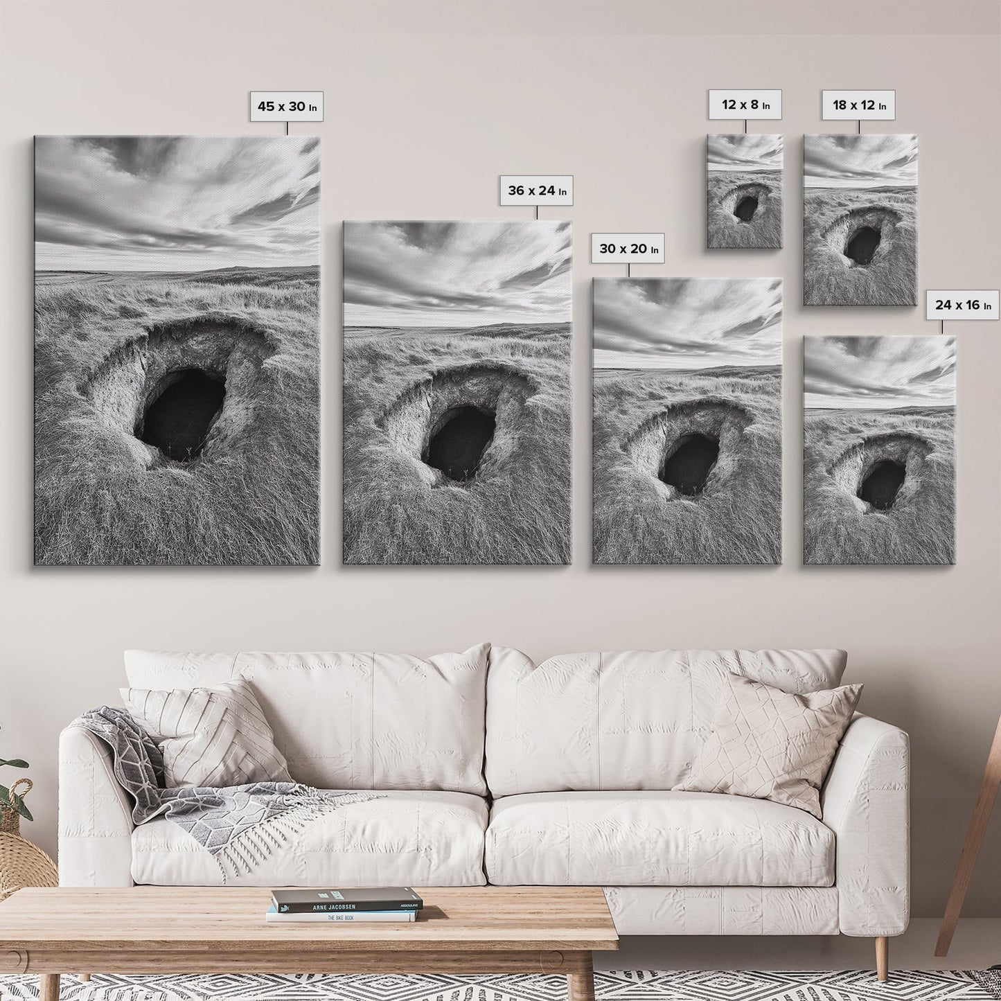 Burrow Entrance, Hidden Hole, Grassland Tunnel, Canvas Print, Nature Wall Art, Living Room Decor, Black White Landscape Photography