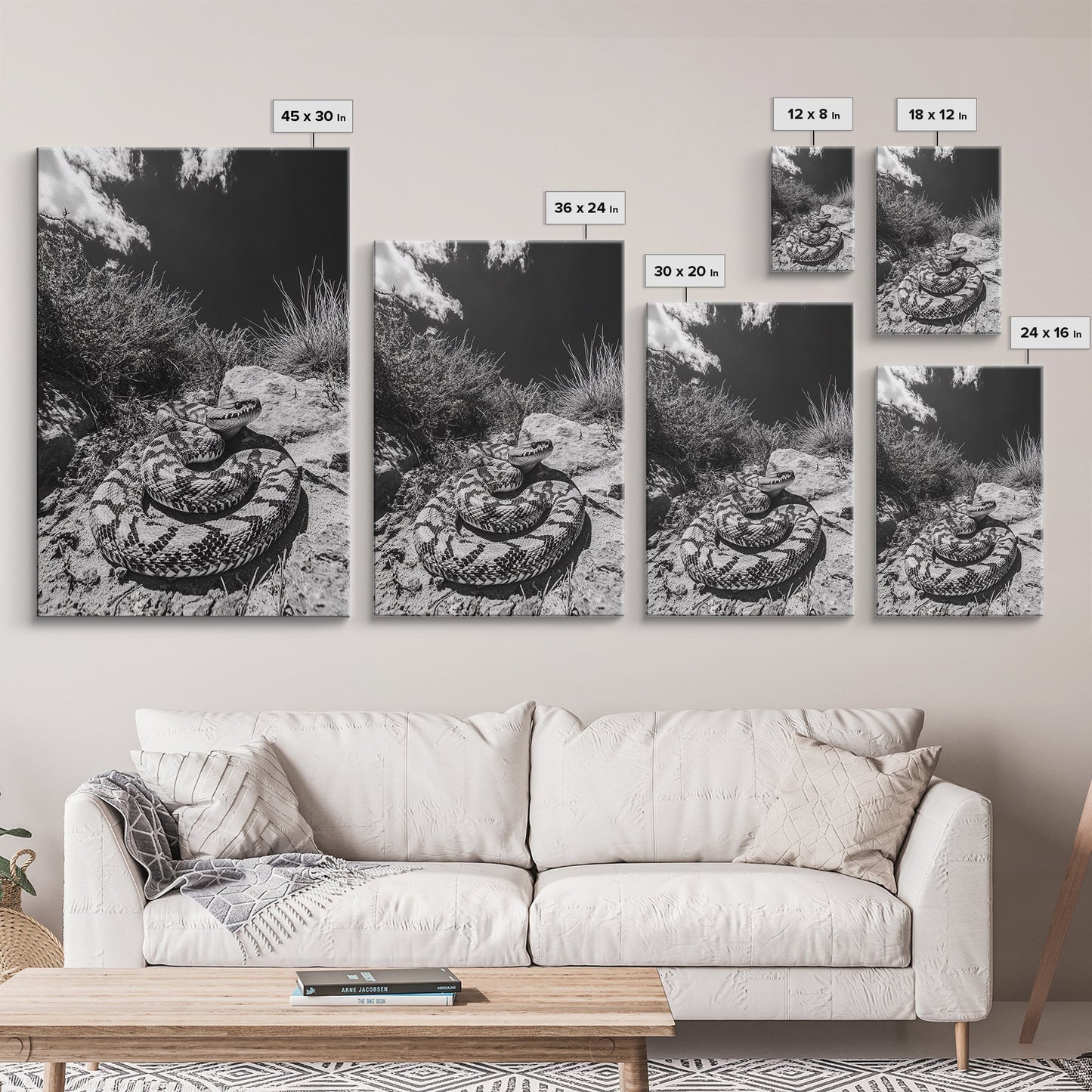 Coiled Snake, Desert Predator, Wild Reptile, Framed Canvas Print, Nature Wildlife Art, Den or Office Decor, Monochrome Animal Photography