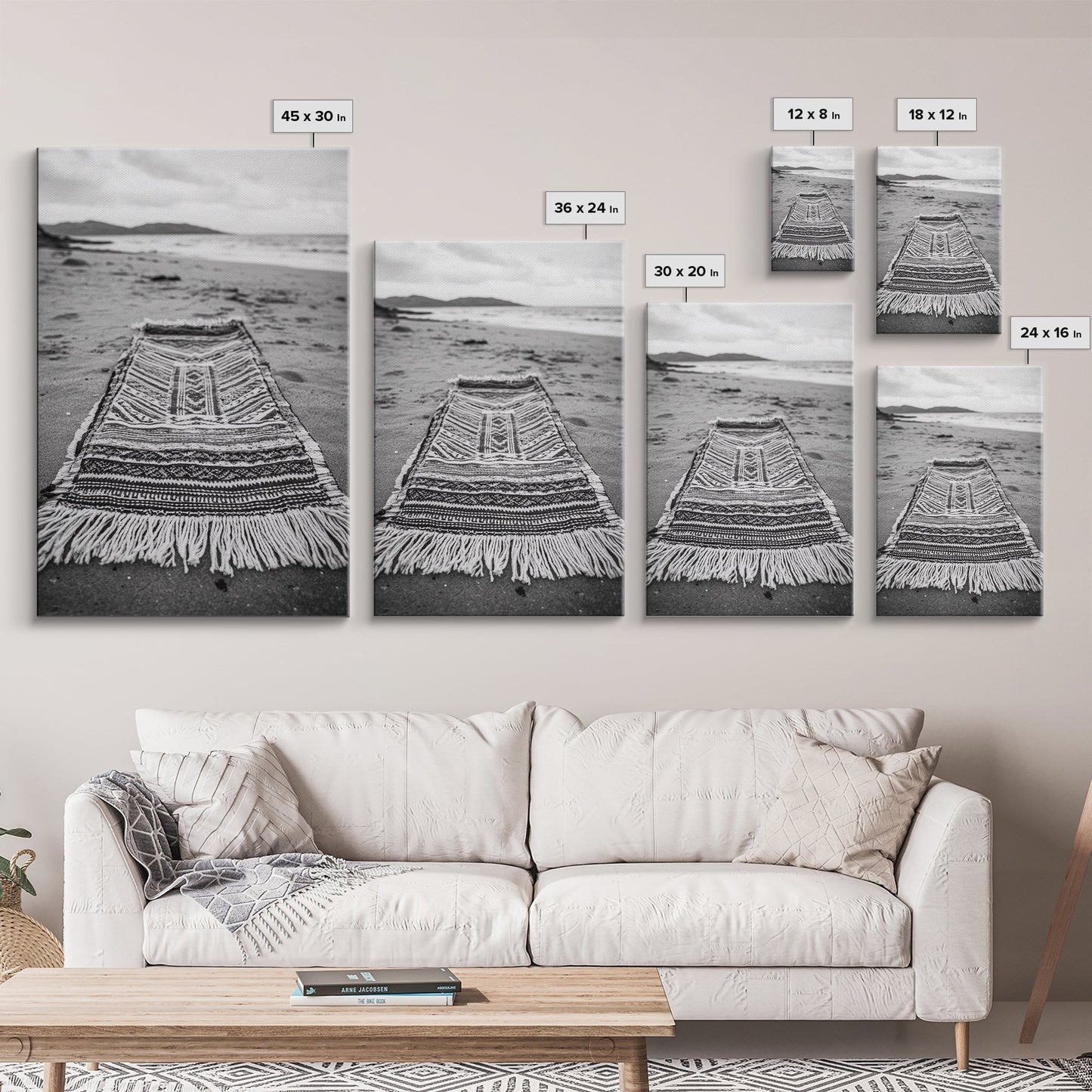 Woven Rug Beach, Bohemian Escape, Textile Texture, Black and White Canvas Print, Boho Bedroom or Yoga Studio Wall Decor