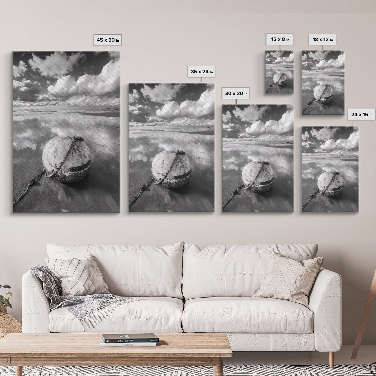 Washed buoy shore, coastal solitude, beach reflections, nautical simplicity, Framed Canvas Print, guest room art, seaside rustic wall decor