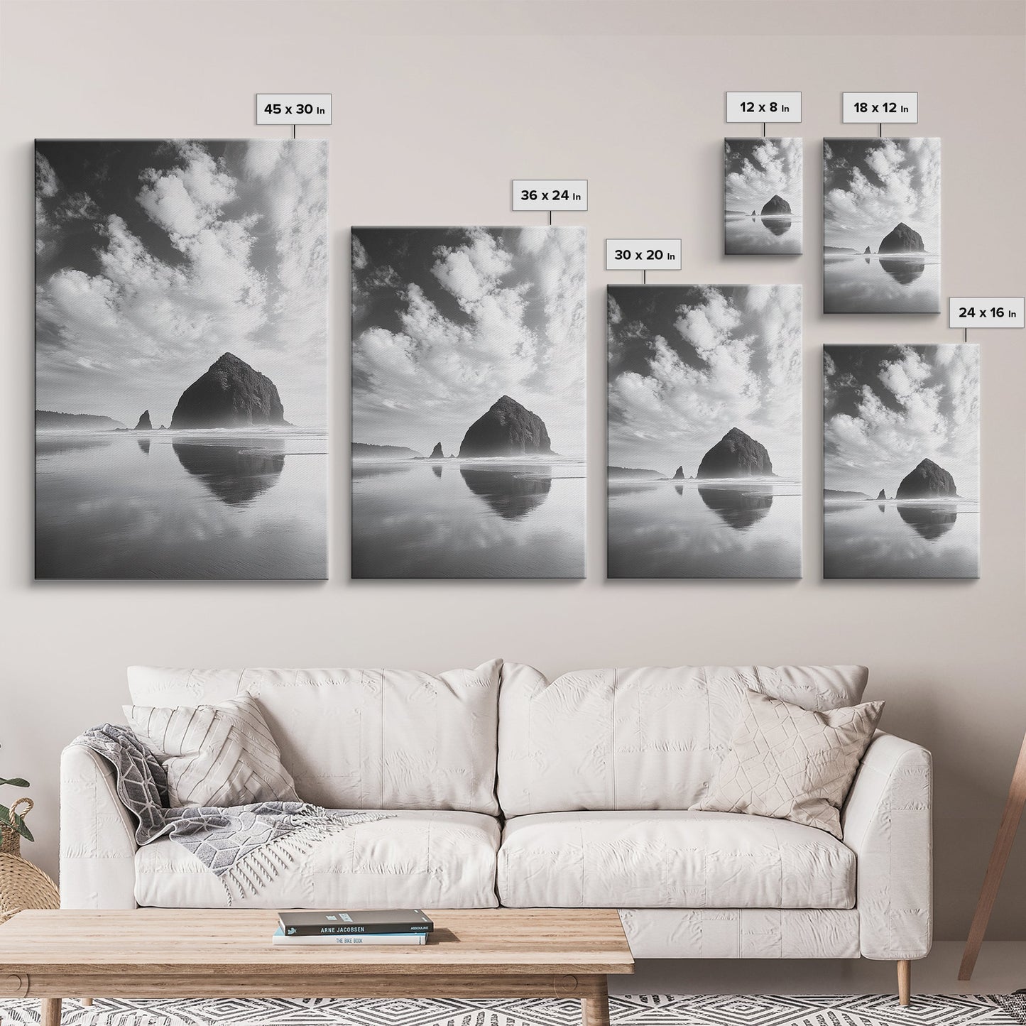 Iconic sea stack, Oregon coast art, tranquil reflections, dramatic clouds, Canvas Print, bedroom wall art, modern coastal minimalist decor