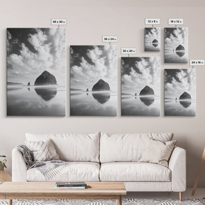 Iconic sea stack, Oregon coast art, tranquil reflections, dramatic clouds, Canvas Print, bedroom wall art, modern coastal minimalist decor