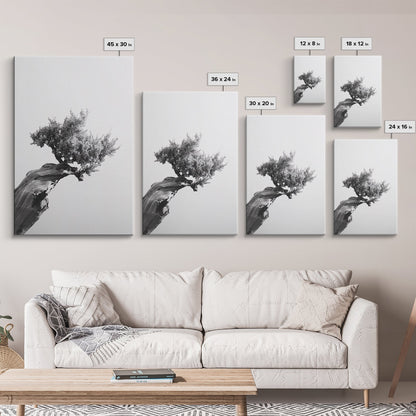 Bonsai Tree, Windswept Wood, Minimal Zen, Canvas Print, Japanese Style Art, Wabi Sabi Decor, Monochrome Botanical Wall Accent