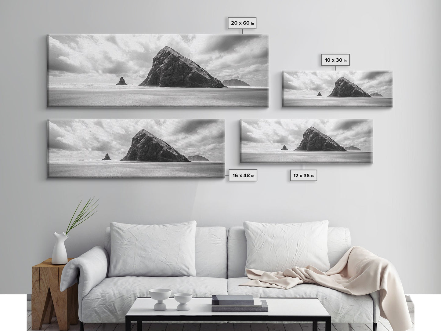 Sea Stack, Beach Horizon, Dramatic Sky, Monochrome Seascape, Framed Canvas Print, Coastal Wall Art, Modern Minimalist Entryway Decor