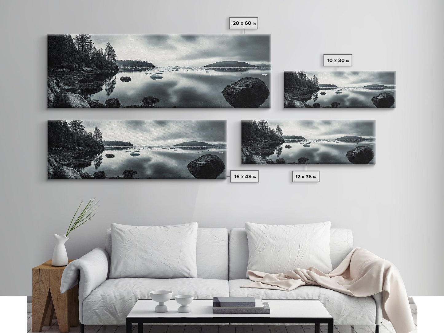 Arctic Shore, Ice Reflections, Northern Coastline, Framed Canvas Print, Moody ocean art, Coastal decor, Living room wall art, Monochrome nature