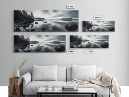 Arctic Shore, Ice Reflections, Northern Coastline, Framed Canvas Print, Moody ocean art, Coastal decor, Living room wall art, Monochrome nature