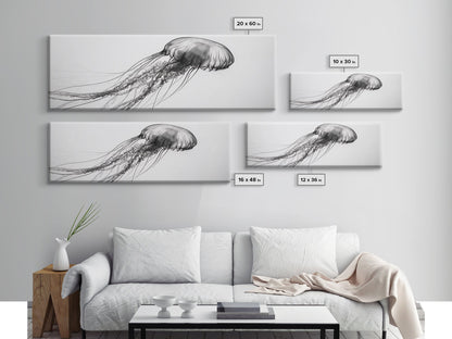 Quallen, Meeresströmung, Unterwasserwelt, Leinwanddruck, Wanddeko mit Meeresmotiven, Badezimmerkunst im Küstenstil, Minimalistische Meereskunst, Schwarz-Weiß