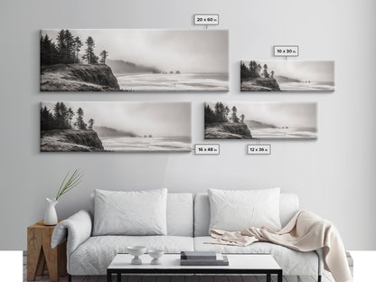 Foggy Pines, Ocean Horizon, Coastal Landscape, Moody Beach Scene, Canvas Print, Bedroom Wall Art, Rustic Cabin Decor, Nature Photography