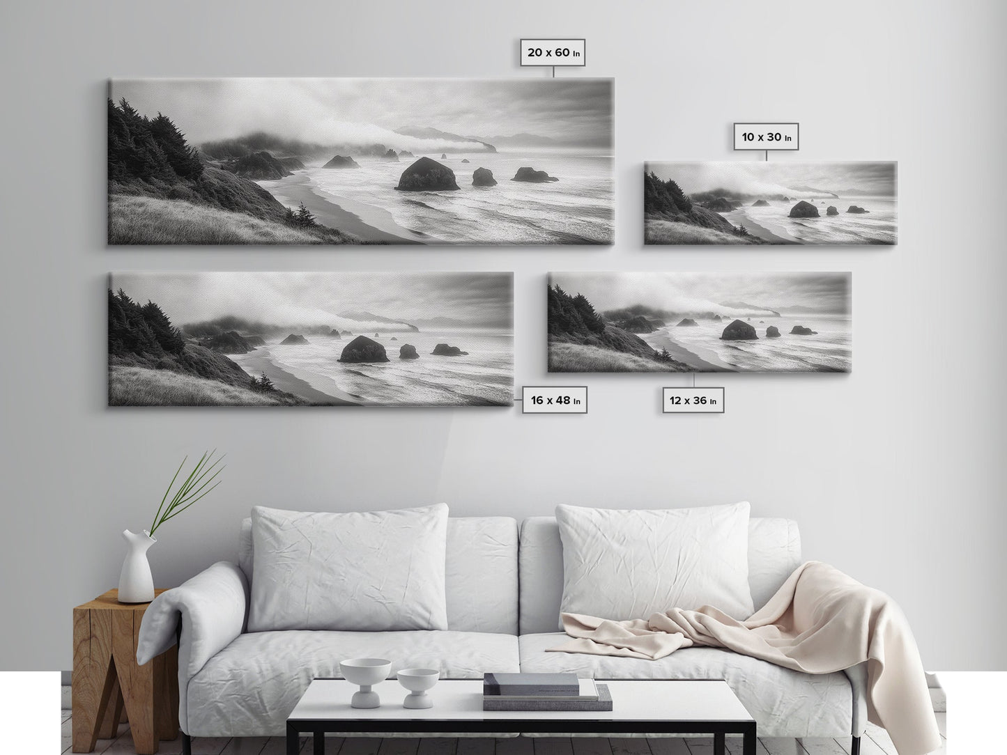 Pazifikküste, nebelverhangene Klippen, Felsen im Meer, stimmungsvolle Strandszene, Leinwanddruck, moderne Naturdekoration, Wandbild fürs Wohnzimmer, Küstenlandschaft