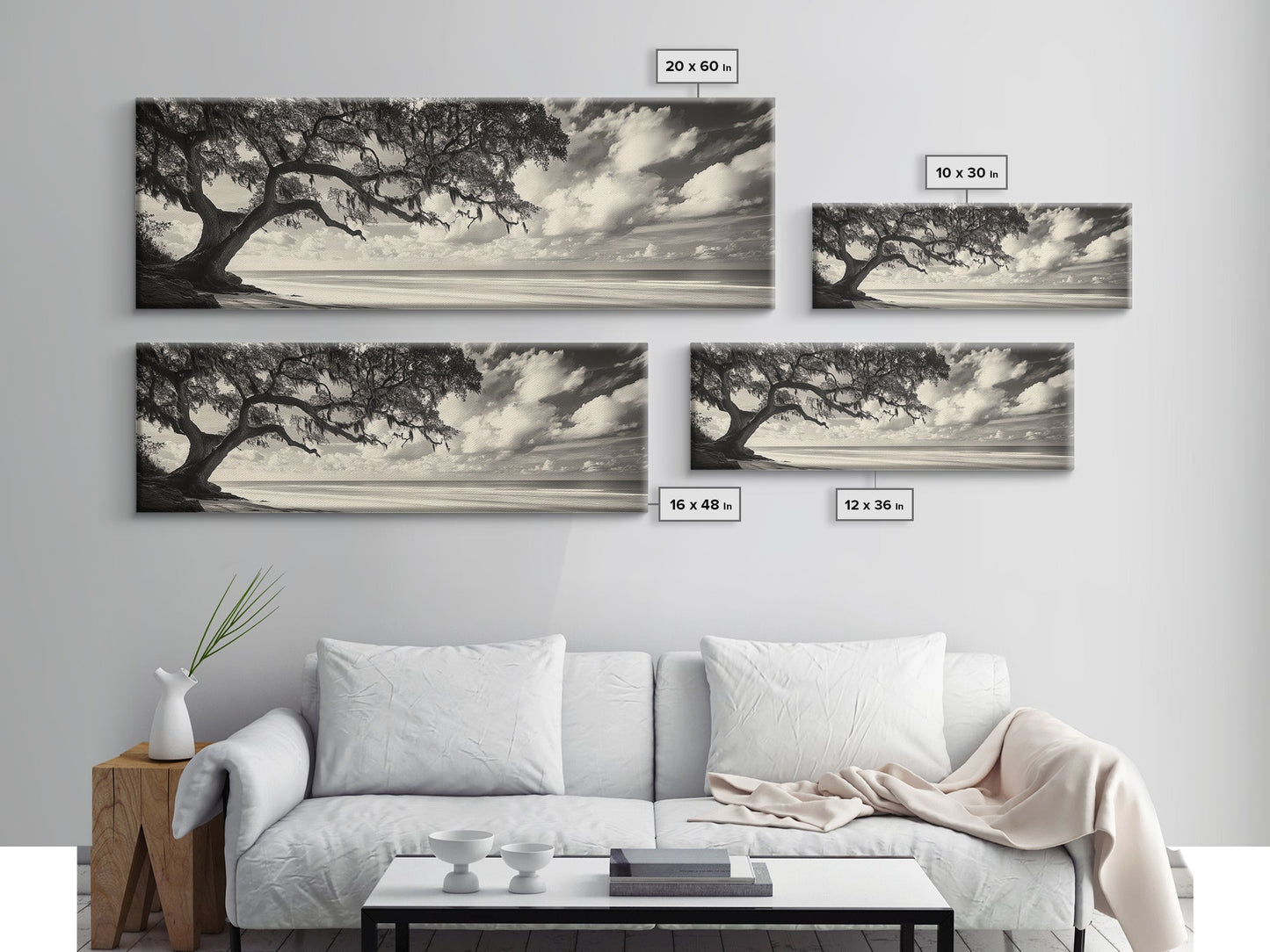 Südliche Eiche, Küstenbaum, Strandidylle, idyllische Landschaft, Leinwanddruck, neutrale Wohnzimmerkunst, Boho-Naturdekor, Strandwandkunst