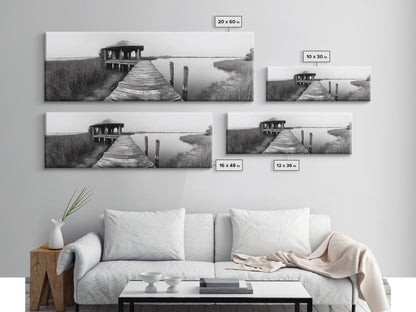 Abandoned Pier, Lakeside Shack, Black and White Marsh, Framed Canvas Print, Rustic Entryway Art, Minimalist Coastal Cabin Decor