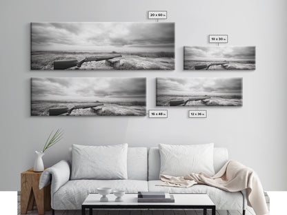 Coastal Rifle Scene, Outdoorsman Decor, Field and Sky Black and White Framed Canvas Print, Autumn Cabin or Lodge Wall Art