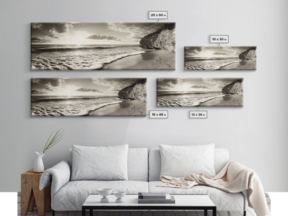 Cliff Coastline, Ocean Sunset, Beach Waves, Framed Canvas Print, seascape wall art, coastal bedroom decor, relaxing nature vibe, neutral art