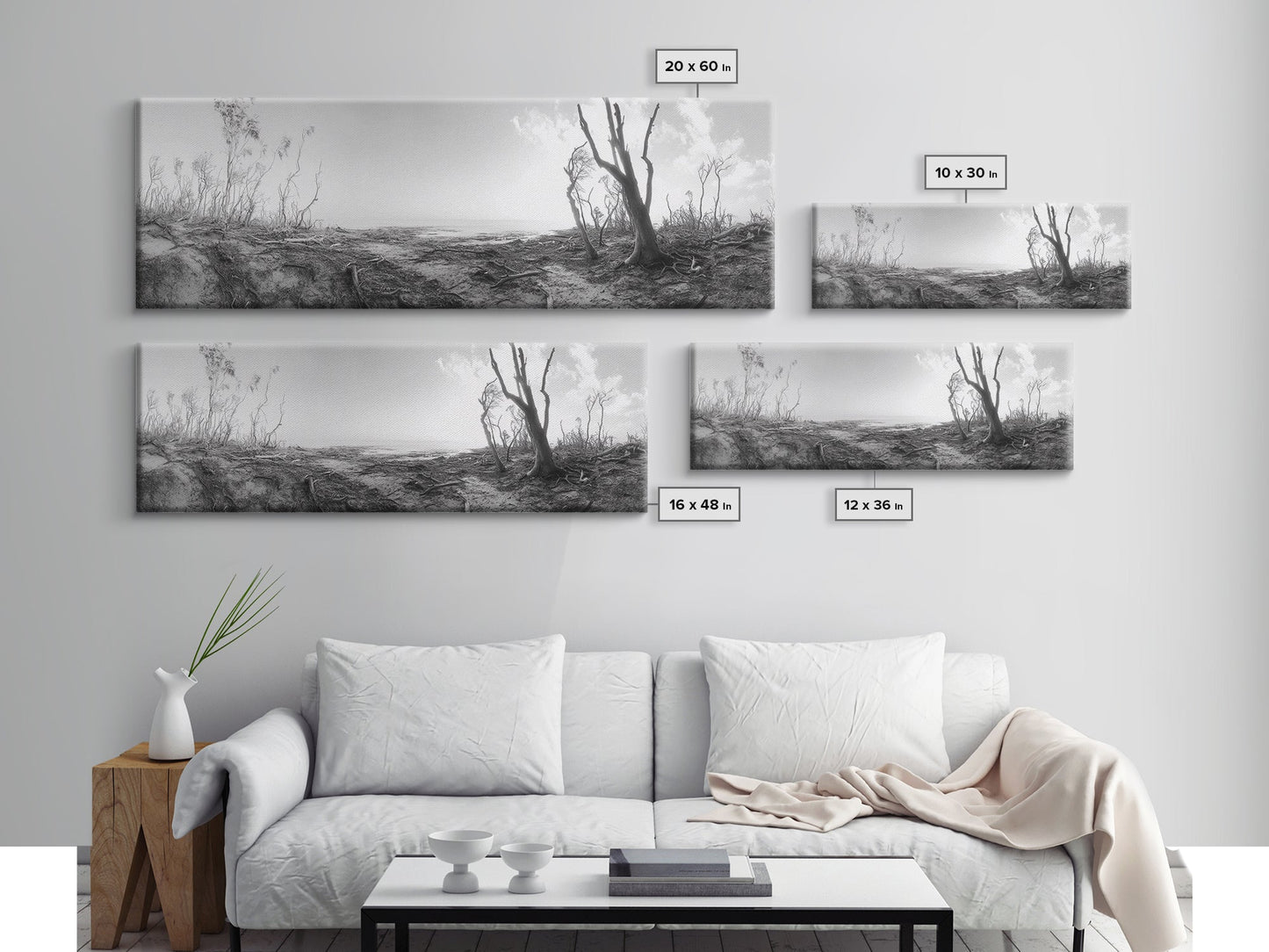 Windswept Coastal Trees, Driftwood Beach Landscape, Black White Canvas Print, Autumn Wall Art, Nature-Inspired Living Room Decor