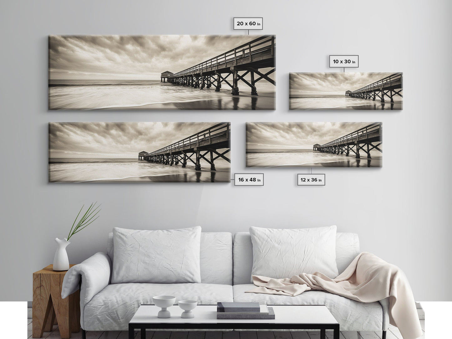 Pier at Dusk, Ocean Boardwalk, Stormy Beach Horizon, Framed Canvas Print, Moody Coastal Wall Art, Nautical Living Room Decor