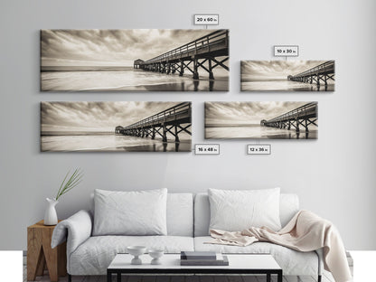 Pier at Dusk, Ocean Boardwalk, Stormy Beach Horizon, Framed Canvas Print, Moody Coastal Wall Art, Nautical Living Room Decor