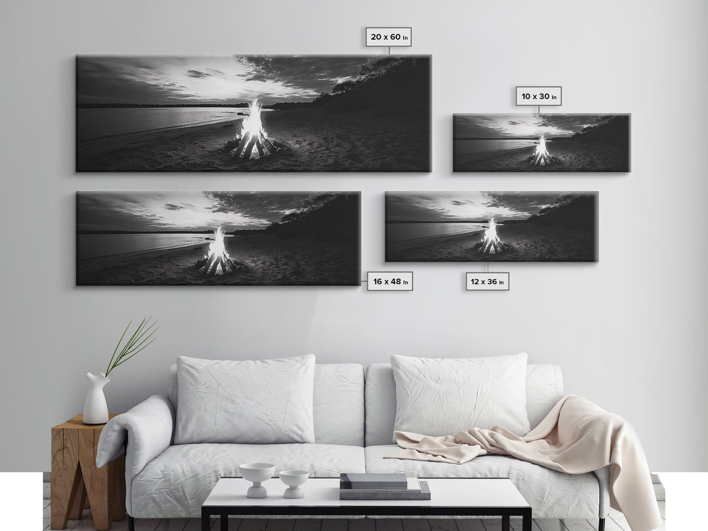 Beach Bonfire, Sunset Glow, Autumn Shoreline, Firelight Sky, Canvas Print, Fall beach decor, cozy wall art, rustic art, lake house style