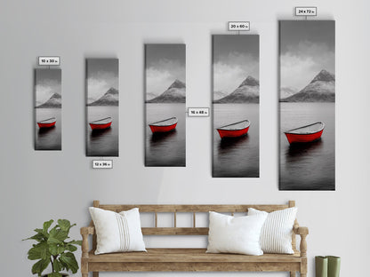 Red Boat, Serene Waters, Mountain Reflection, Winter Landscape – Framed Canvas Print, Minimalist Wall Art, Bedroom Decor, Nature Tranquility