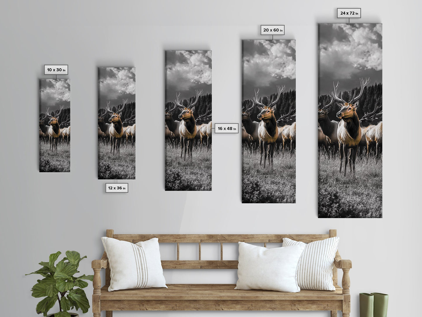 Majestic Elk, Forest Wildlife, Autumn Scene, Nature Herd, Framed Canvas Print, rustic lodge decor, cabin wall art, woodland style