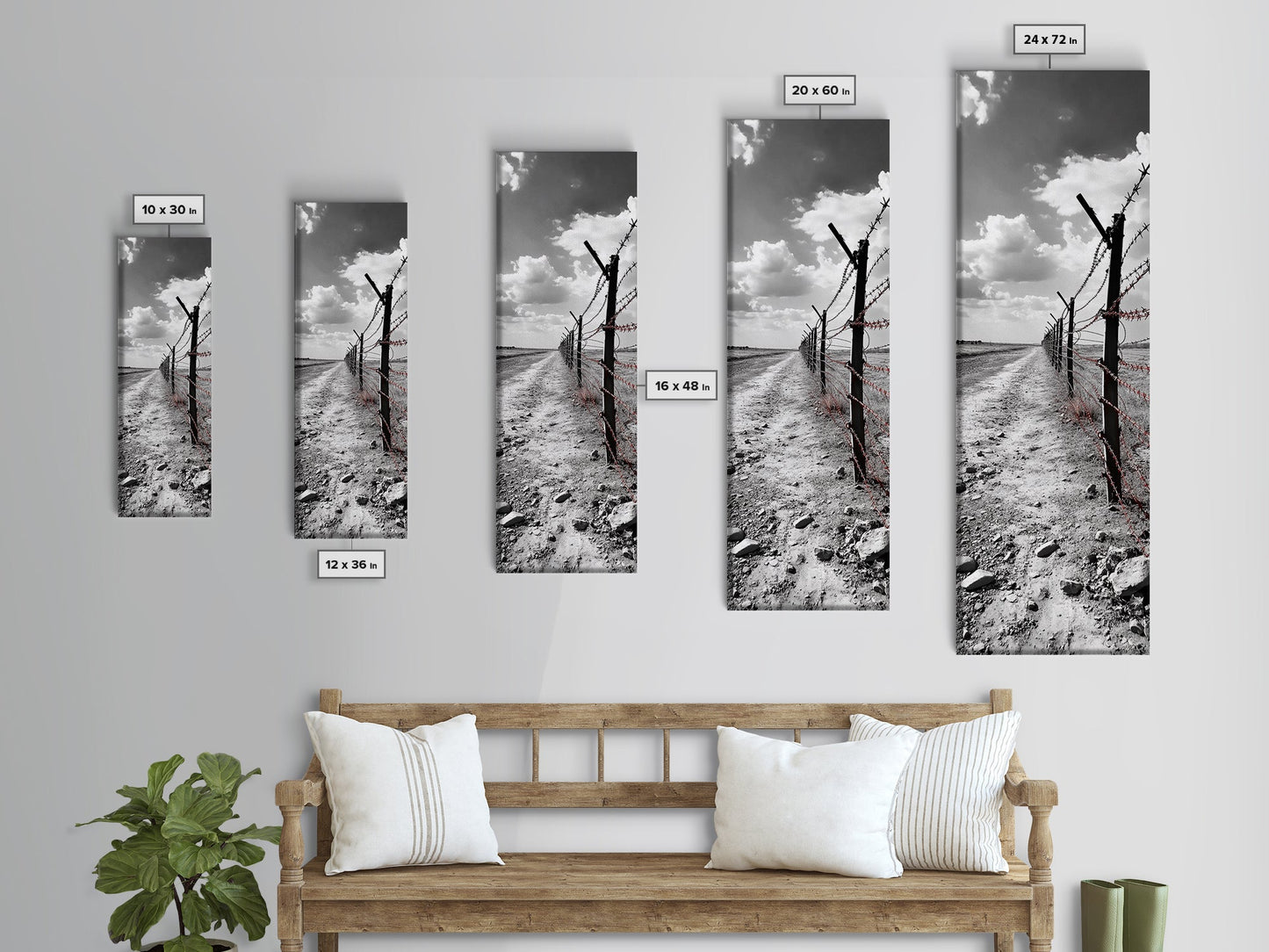 Red Barbed Wire, Desert Fence, Dystopian Path, Framed Canvas Print, Western Rustic Decor, Grunge Wall Art, Monochrome Landscape Style