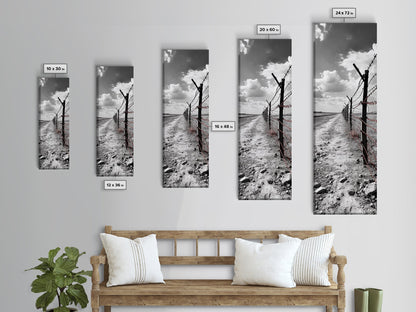 Red Barbed Wire, Desert Fence, Dystopian Path, Framed Canvas Print, Western Rustic Decor, Grunge Wall Art, Monochrome Landscape Style