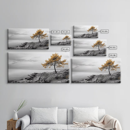 Yellow Tree, Rocky Coast, Minimal Landscape, Ocean Breeze – Canvas Print, Zen Wall Art, Nature Minimalist Decor, Scandinavian Interior