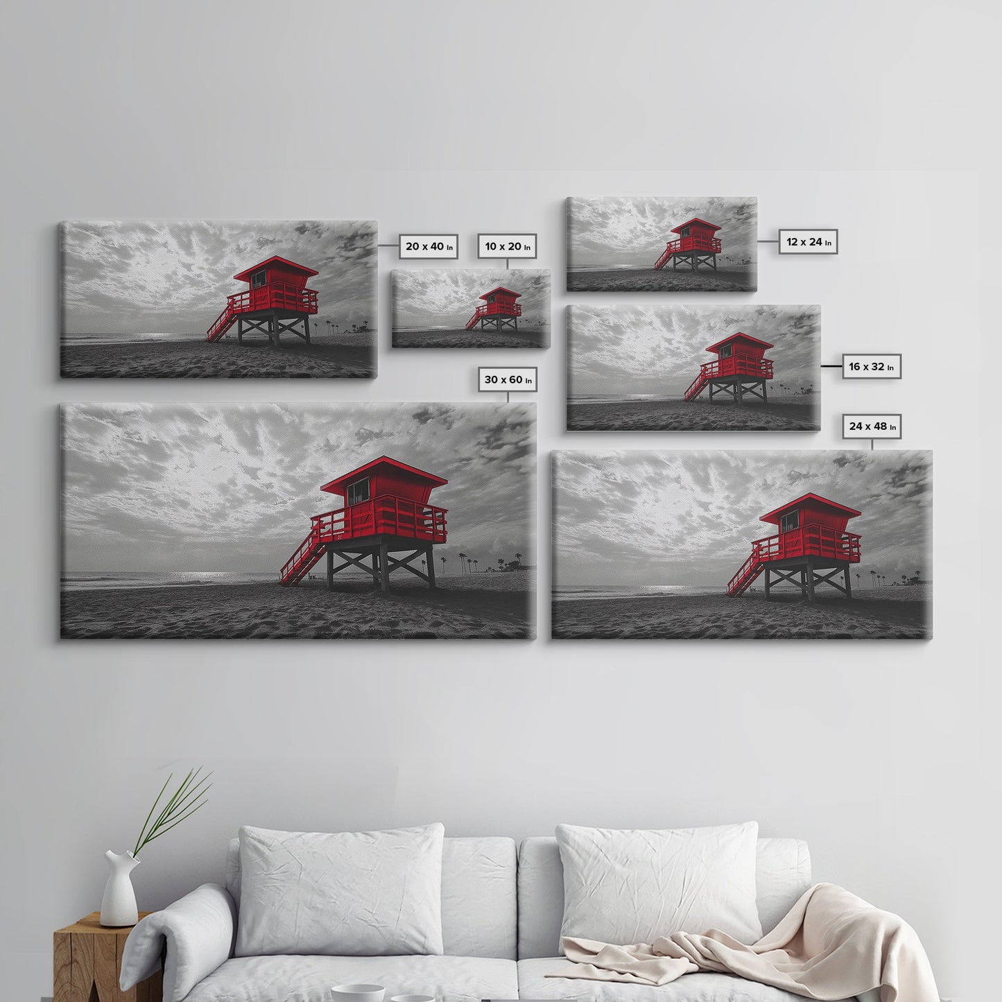 Red Lifeguard Tower, Beachscape, Dramatic Sky, Coastal Life, Framed Canvas Print, Modern Beach Wall Art, Bold Bathroom Decor