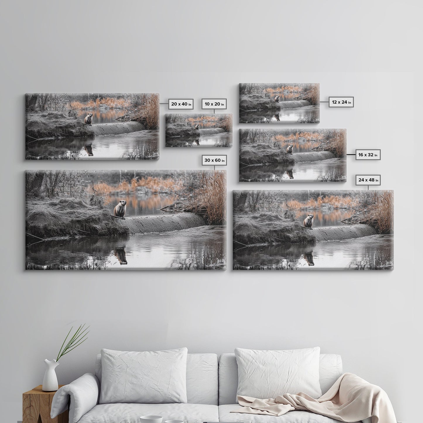 River Otter View, Wildlife Scene, Autumn Nature, Moody Landscape, Framed Canvas Print, Cabin Decor, Animal Wall Art, Woodland Aesthetic