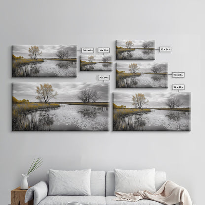 Lily Pond Trees, Serene Reflection, Autumn Landscape, Calm Water Scene, Framed Canvas Print, Nature Wall Art, Fall Living Room Decor