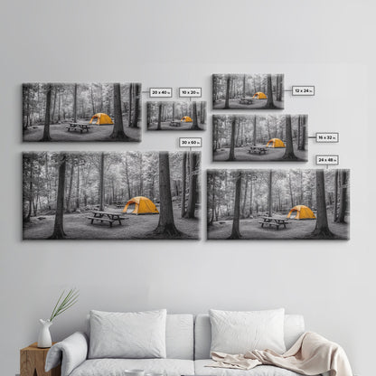 Yellow Tent, Forest Camping, Wilderness Escape, Outdoor Living, Framed Canvas Print, Fall Bedroom Art, Minimalist Nature, Hiking Vibes