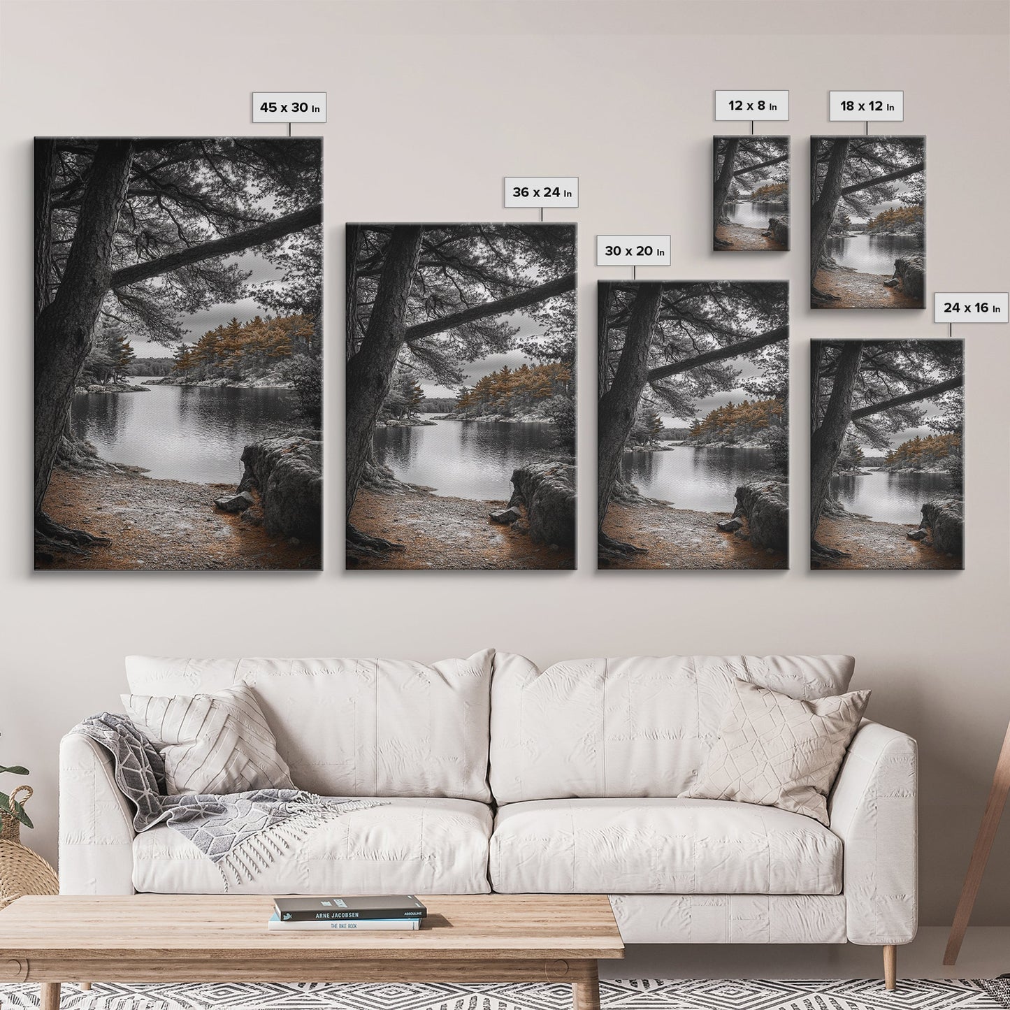 Autumn Forest Lake, Nature Photography, Scenic Landscape, Canvas Print, Rustic Cabin Decor, Neutral Tones, Bedroom Wall Art, Outdoor Art