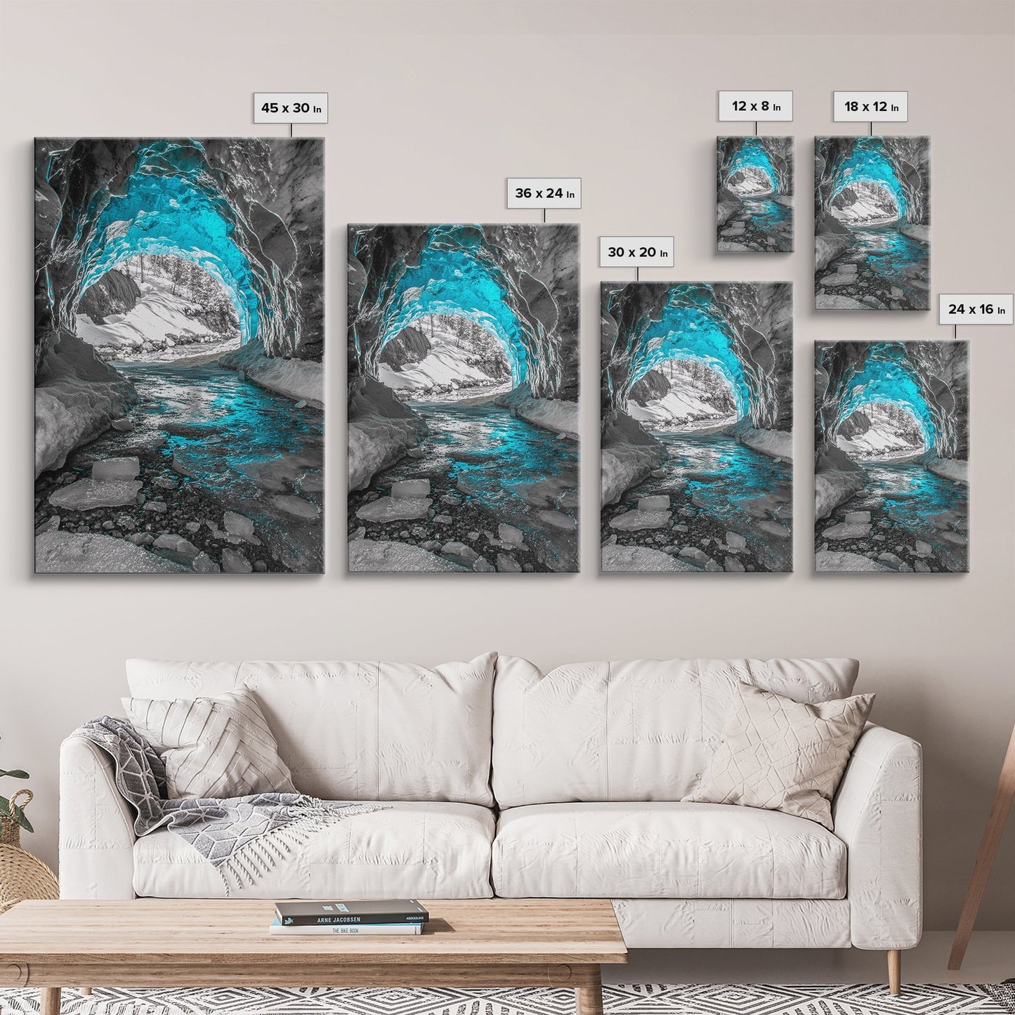 Blue Ice Cave, Winter Tunnel, Arctic Wonderland, Framed Canvas Print, Nature Wall Art, Minimalist Photography, Cool Tone Decor