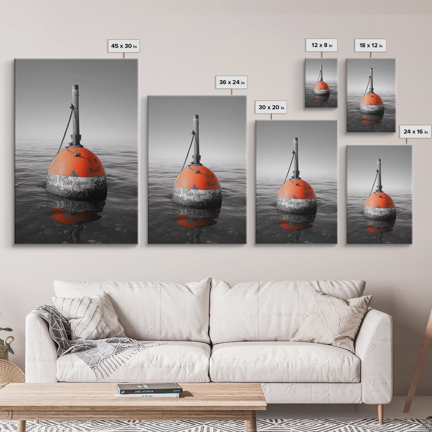 Meeresboje, rote Markierung, maritimer Minimalismus, Leinwanddruck, Küsten-Badezimmerkunst, nautische Wanddekoration, maritime Industrieästhetik