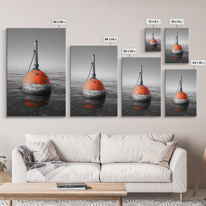 Meeresboje, rote Markierung, maritimer Minimalismus, Leinwanddruck, Küsten-Badezimmerkunst, nautische Wanddekoration, maritime Industrieästhetik