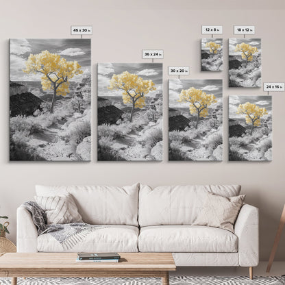 Autumn Canyon Trail, Yellow Tree, Nature Photography, Framed Canvas Print, Fall Wall Decor, Grand Canyon Print, Minimalist Landscape Art