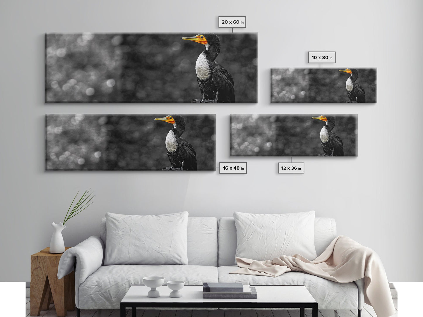 Black White Bird, Orange Beak Detail, Minimal Nature Portrait, Framed Canvas Print, Rustic Wall Art, Study or Cabin Decor