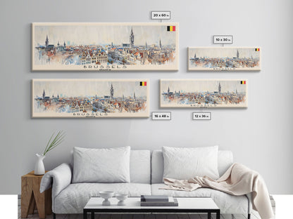 Bruges Belgium Panoramic Travel Poster, Framed Canvas Print or Metal Wall Art, Travel Art, Home Decor, Panoramic Painting, Midcentury Art