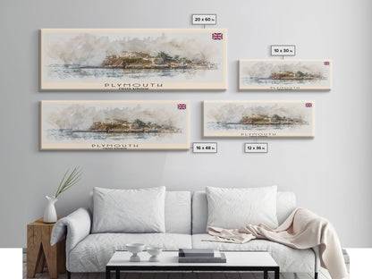 Plymouth United Kingdom Panoramic Travel Poster, Framed Canvas Print or Metal Wall Art, Travel Art, Home Decor, Panoramic Painting, Midcentury Art